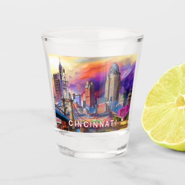 Colourful Cincinnati Skyline Abstract Art Shot Glass (Front)