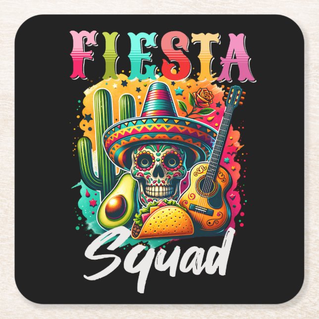 Colourful Cinco de Mayo Fiesta Squad design Square Paper Coaster (Front)