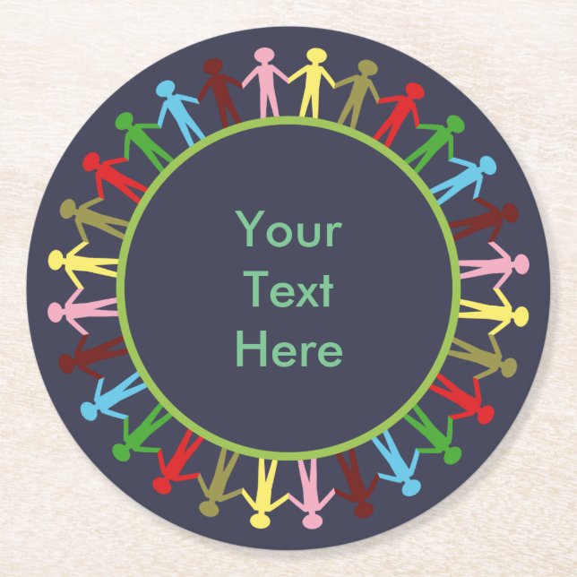 Colourful Circle of People Custom Text Round Paper Coaster (Front)