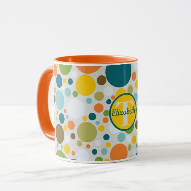 Colourful Circle Polka Dots Pattern Monogram Name Mug (Front Left)