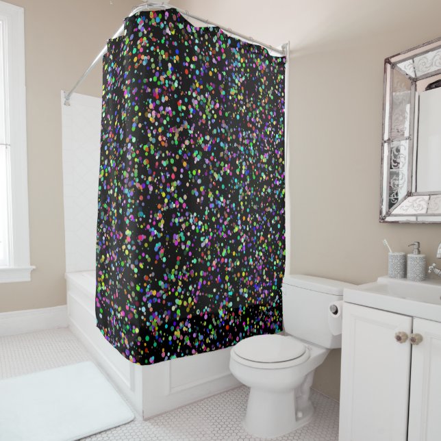 Colourful circles bubbles on black unique pattern shower curtain (In Situ)