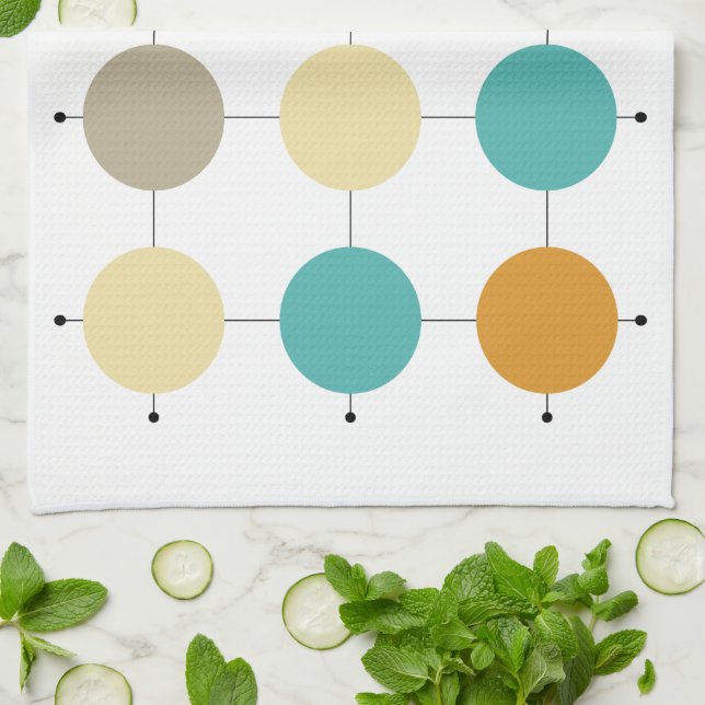 Colourful Circles On Black Lines Mid Century Moder Tea Towel (Folded)