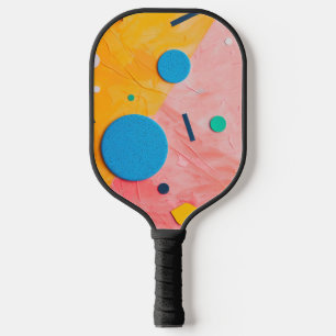 Colourful circles on pink and yellow pickleball paddle