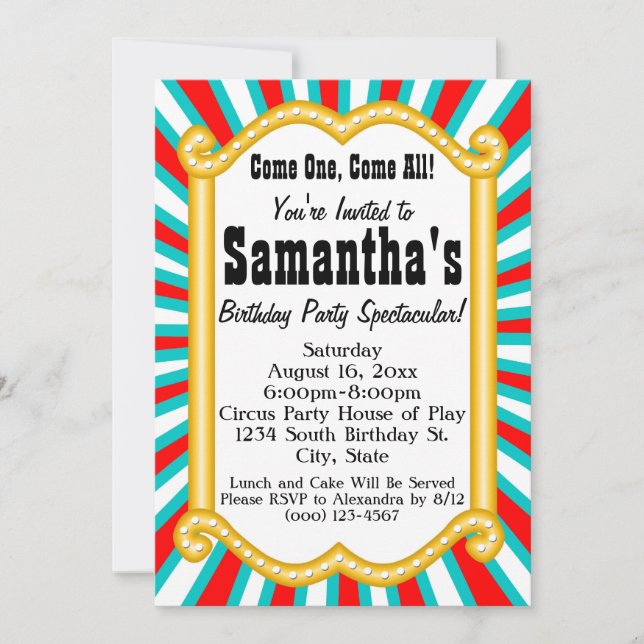 Colourful Circus Carnival Marquee Birthday Party Invitation (Front)