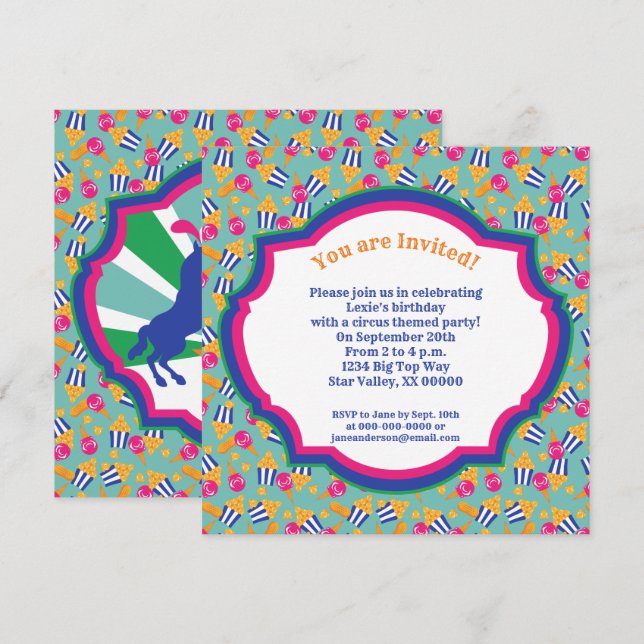 Colourful Circus Snacks and Show Ponies Birthday Invitation (Front/Back)