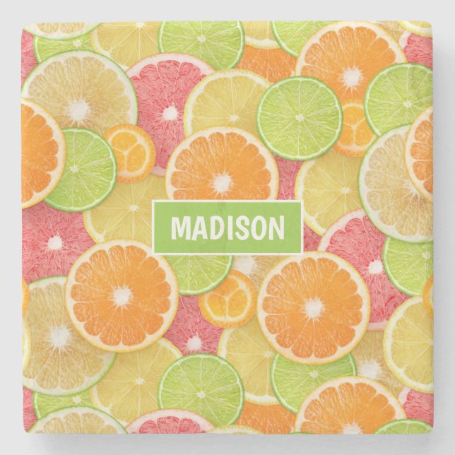 Colourful Citrus custom name Stone Coaster (Front)