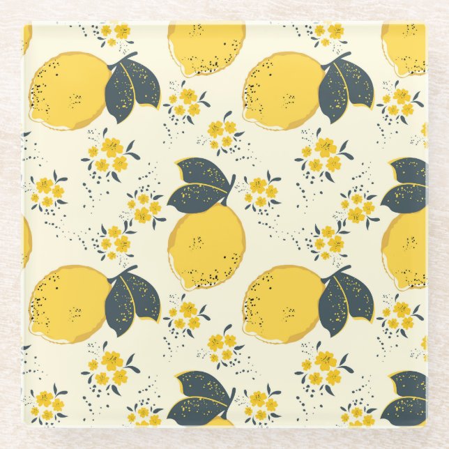 Colourful citrus, lemon flower pattern. glass coaster (Front)