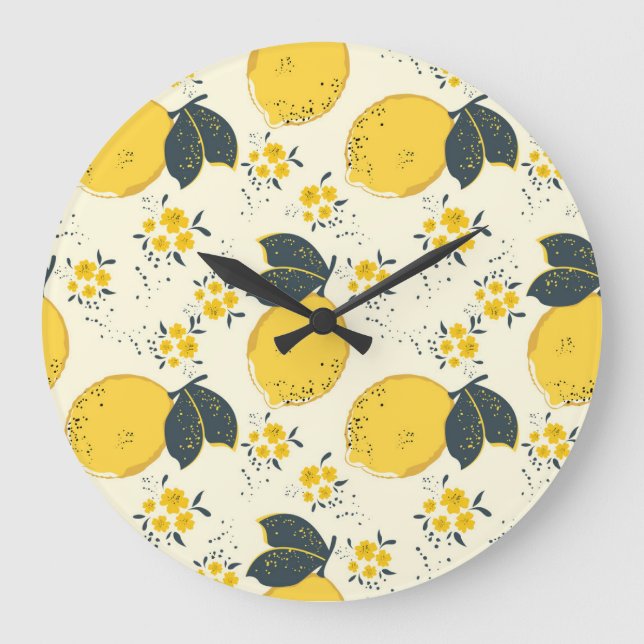 Colourful citrus, lemon flower pattern. large clock (Front)
