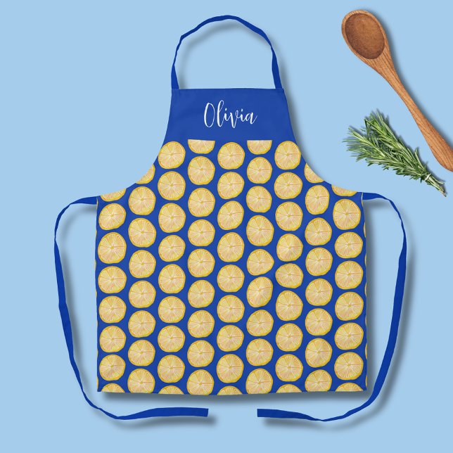Colourful citrus lemon Fruit patten Apron (Citrus lemon fruity kitchen apron on blue background.  Personalize with your own name or text.)