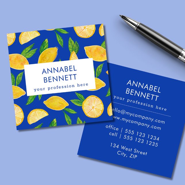 Colourful Citrus Lemon pattern professional Square Business Card (Citrus lemon professional square business card in blue.)