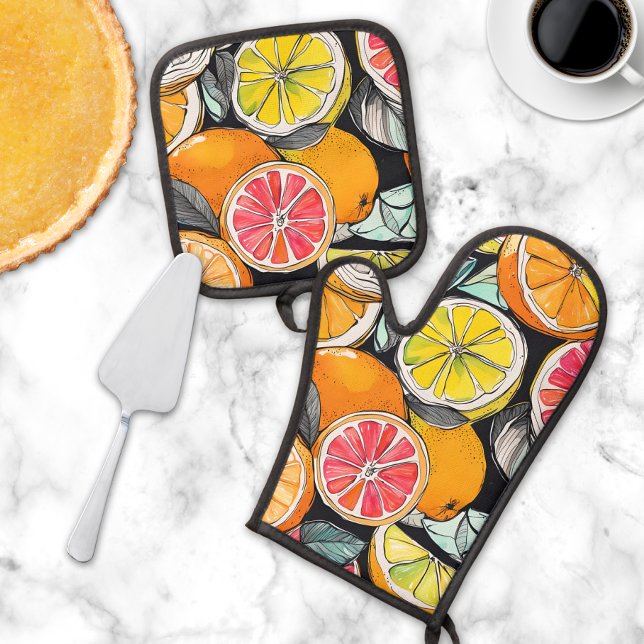 Colourful Citrus  Oven Mitt & Pot Holder Set (This cute oven mitt & pot holder set will add a touch of whimsy and splash of color to your kitchen.)