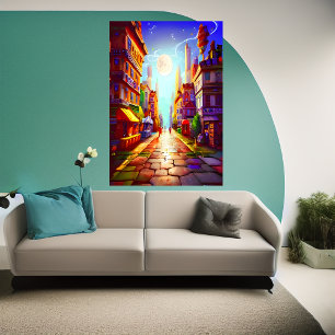 colourful city moon in the sky AI Art Poster