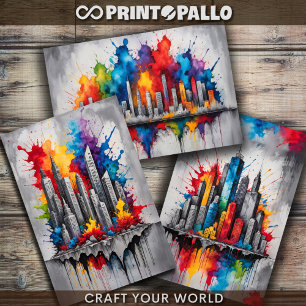 Colourful city skyline with watercolor splashes wrapping paper sheet