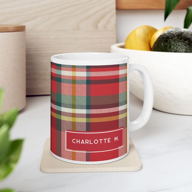Colourful Classic Personalised Plaid Coffee Mug (Rustic Plaid Personalized Teachers 11oz Coffee Mug)