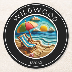Colourful Clay Art Beach Umbrella Coastal Paper Round Paper Coaster