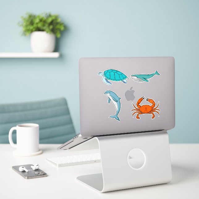 Colourful clipart sea animal set (Laptop On Desk)