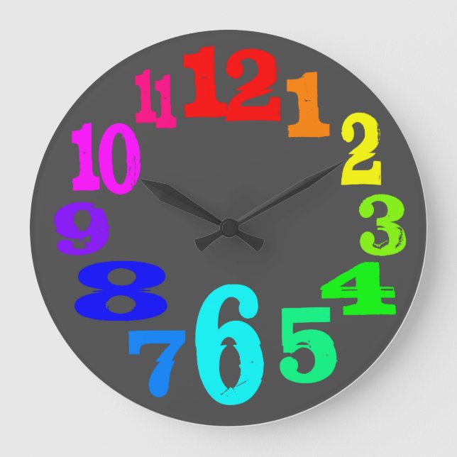 colourful clock numbers against grey background (Front)