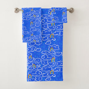 Colourful Clouds Rain Rainbow Blue Pattern Bath Towel Set