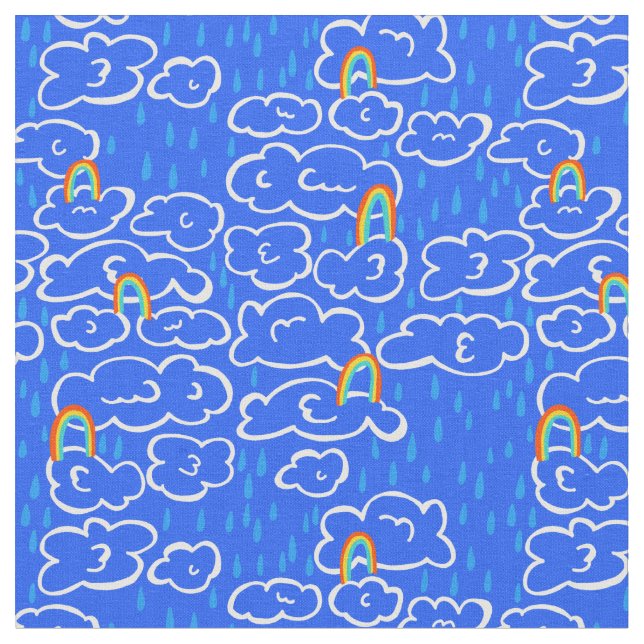 Colourful Clouds Rain Rainbow Blue Pattern Fabric (Close Up)