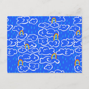 Colourful Clouds Rain Rainbow Blue Pattern Postcard