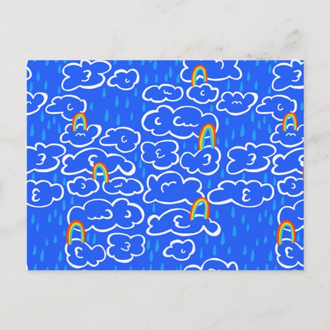 Colourful Clouds Rain Rainbow Blue Pattern Postcard (Front)