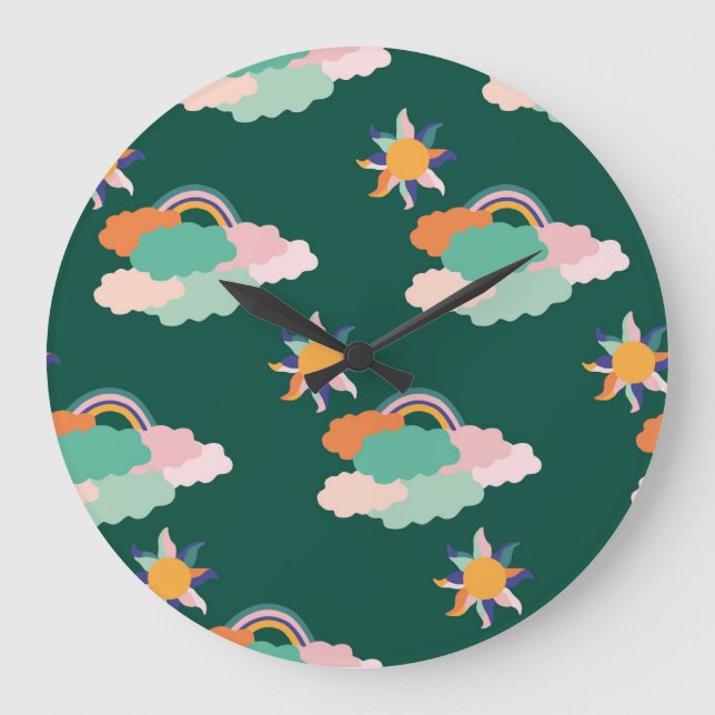 Colourful Clouds Rainbows Seamless Pattern Large Clock (Front)