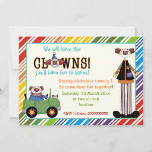 Colourful clown striped border kids birthday invitation