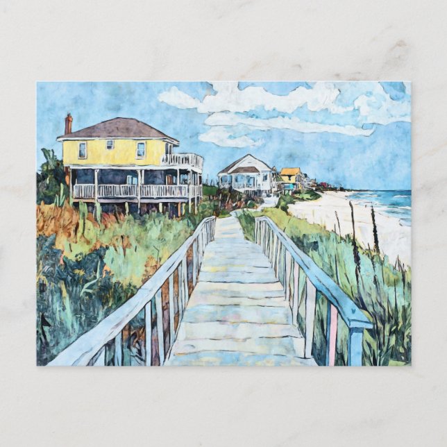  Colourful Coastal Boardwalk and Beach Houses Postcard (Front)