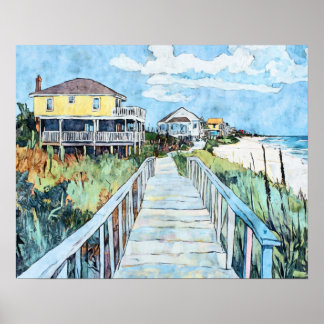 Colourful Coastal Boardwalk and Beach Houses Poster