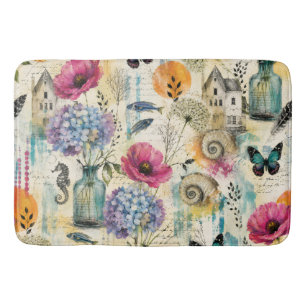 Colourful Coastal Botanical watercolor Pattern Bath Mat