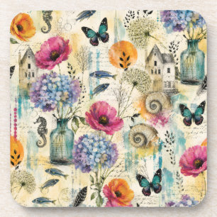 Colourful Coastal Botanical watercolor Pattern Coaster