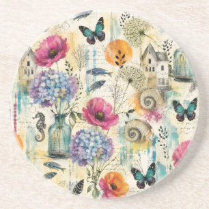 Colourful Coastal Botanical watercolor Pattern Coaster