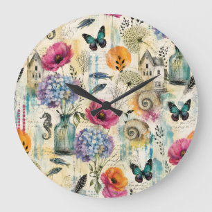 Colourful Coastal Botanical watercolor Pattern Large Clock