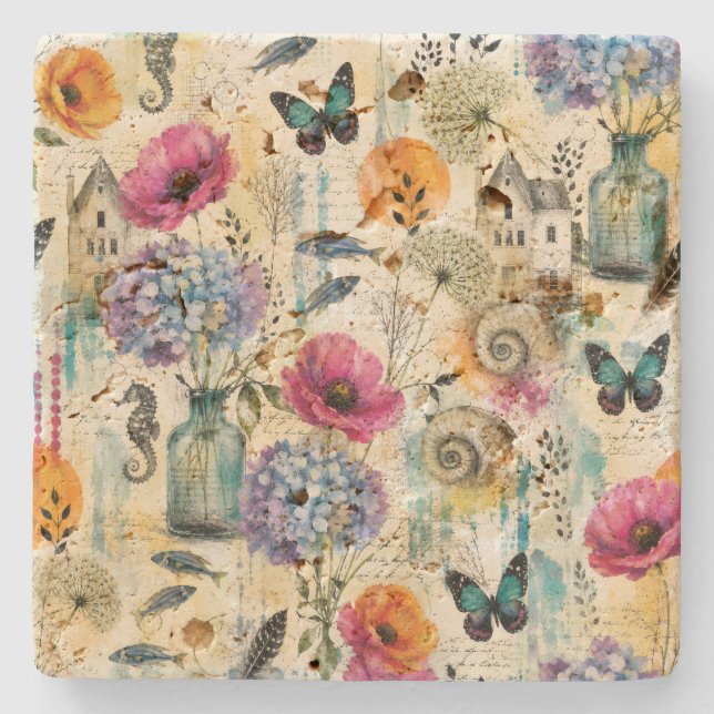 Colourful Coastal Botanical watercolor Pattern Stone Coaster (Front)