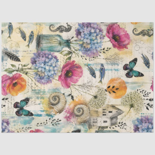 Colourful Coastal Botanical watercolor Pattern Tissue Paper (Front)