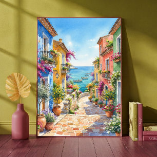 Colourful Coastal Italian Village Alleyway Ocean  Poster