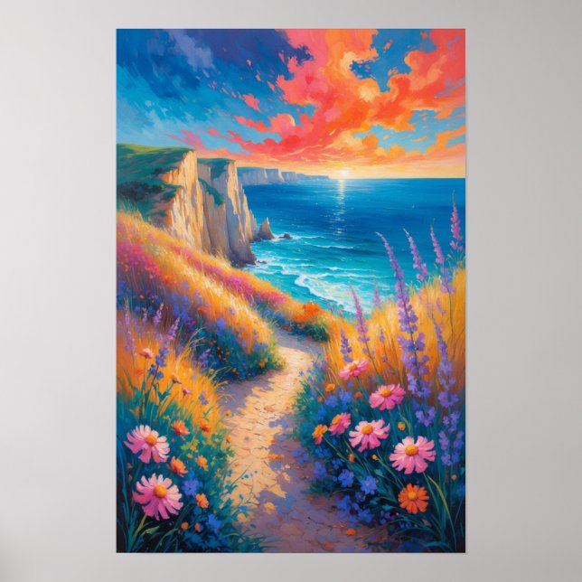Colourful Coastal Path with Flowers and Ocean View Poster (Front)