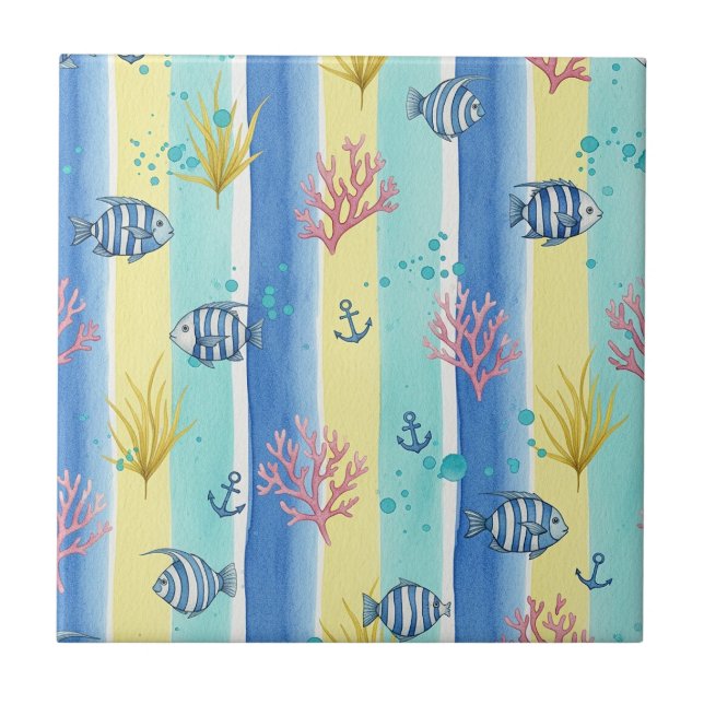Colourful Coastal Sea Life Pattern (10) Ceramic Tile (Front)