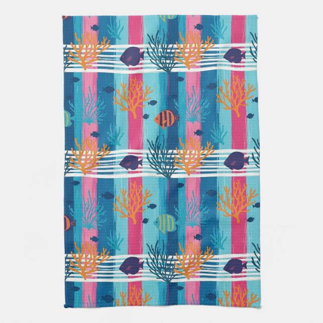 Colourful Coastal Sea Life Pattern (11) Tea Towel (Vertical)