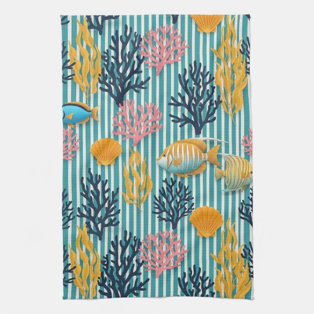 Colourful Coastal Sea Life Pattern (12) Tea Towel (Vertical)