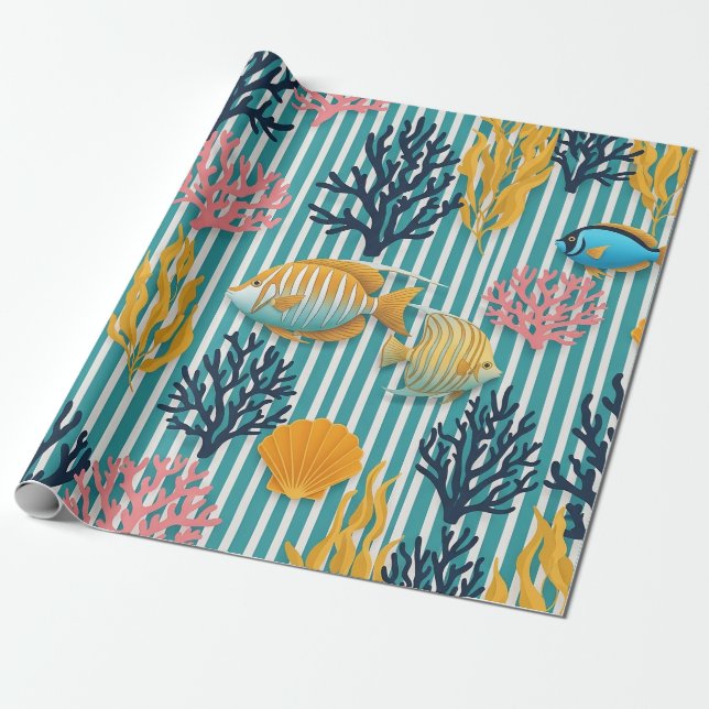 Colourful Coastal Sea Life Pattern (12) Wrapping Paper (Unrolled)