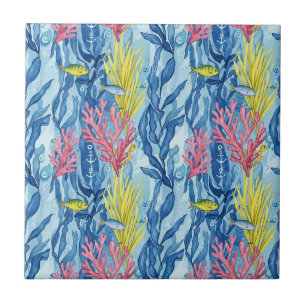 Colourful Coastal Sea Life Pattern (1) Ceramic Tile