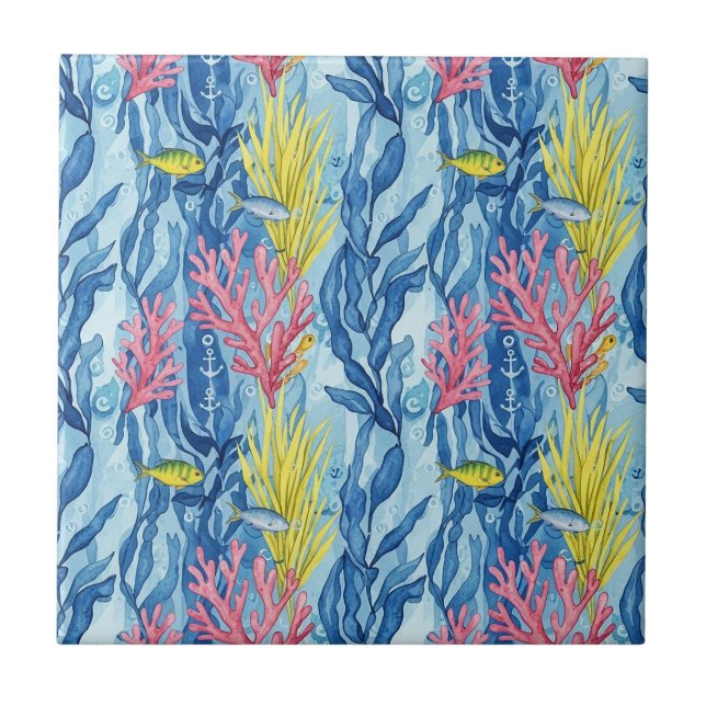 Colourful Coastal Sea Life Pattern (1) Ceramic Tile (Front)