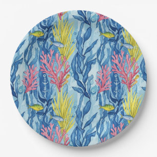 Colourful Coastal Sea Life Pattern (1) Paper Plate