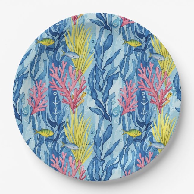 Colourful Coastal Sea Life Pattern (1) Paper Plate (Front)