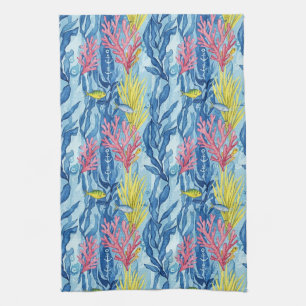 Colourful Coastal Sea Life Pattern (1) Tea Towel