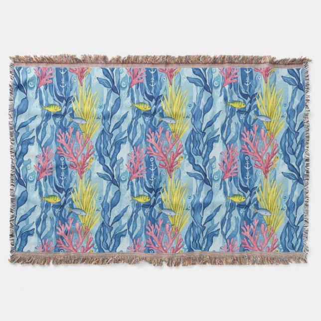 Colourful Coastal Sea Life Pattern (1) Throw Blanket (Front)