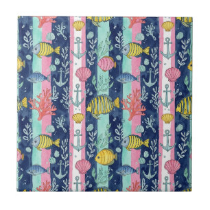 Colourful Coastal Sea Life Pattern (2) Ceramic Tile