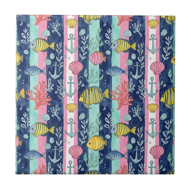 Colourful Coastal Sea Life Pattern (2) Ceramic Tile (Front)