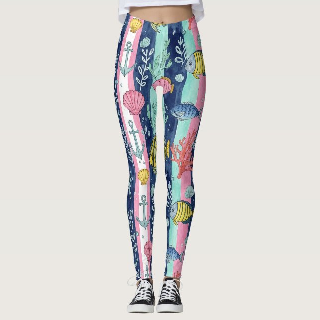 Colourful Coastal Sea Life Pattern (2) Leggings (Front)